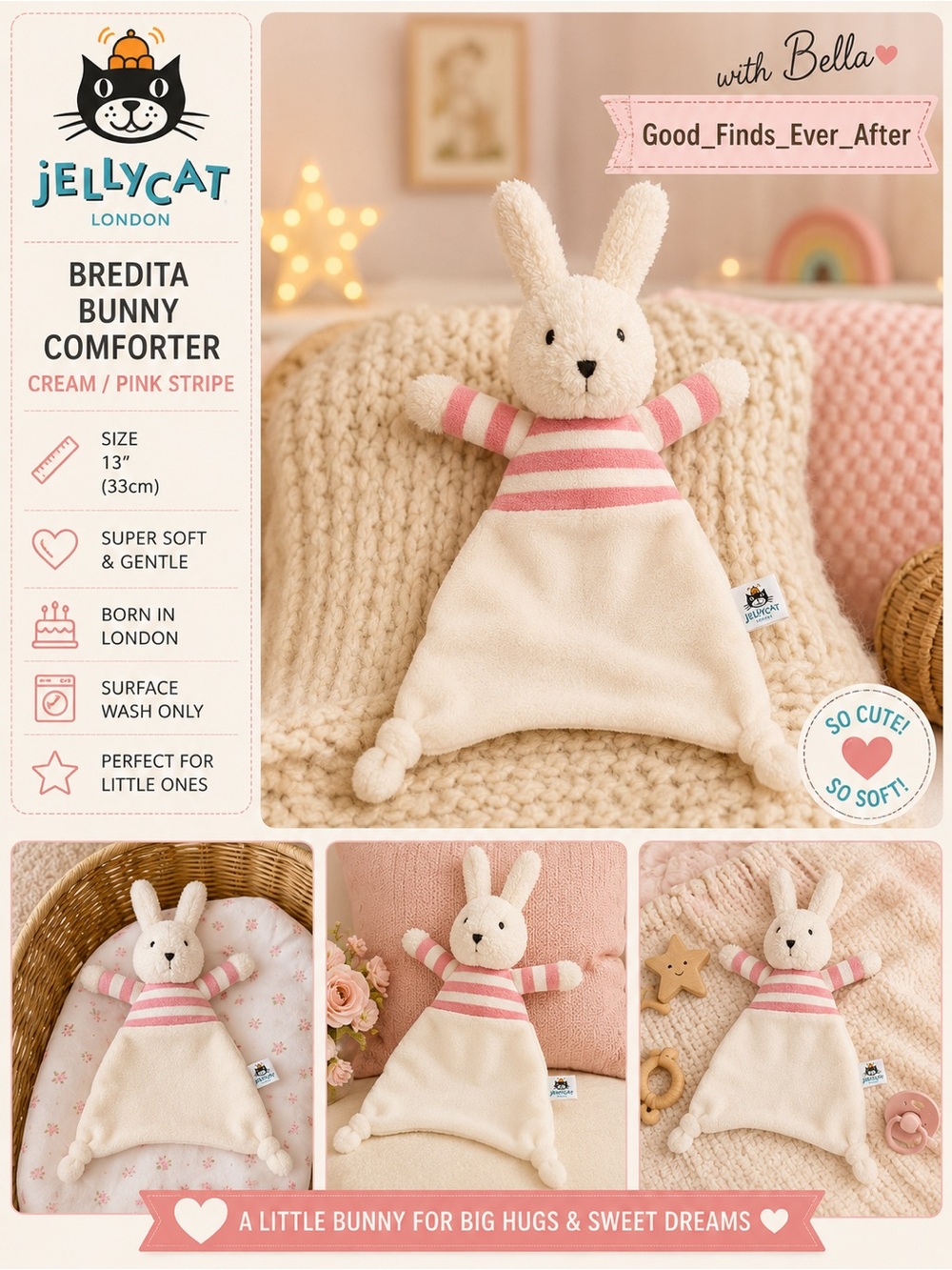 Jellycat London  Bredita Bunny Blanket cream /Pink Stripe  Comforter Soother